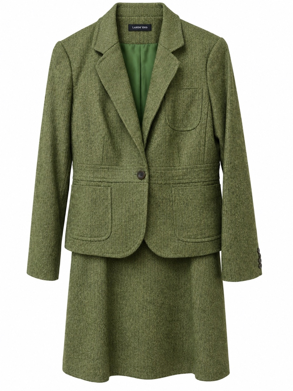 Lands’ End Green Herringbone Wool Silk Skirt Suit Blazer 12 Skirt 10